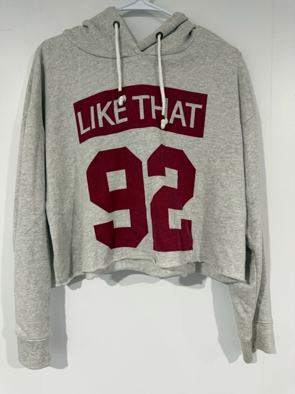 Forever 21 Gray Cropped Hoodie with Maroon 'Like That 92' Graphic